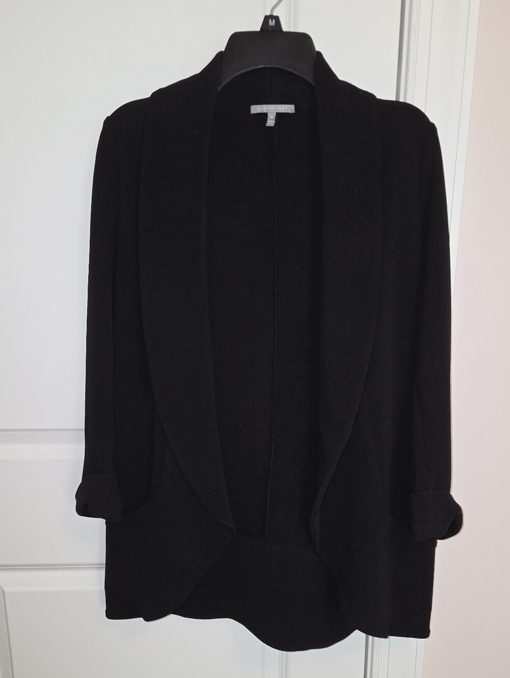 Black Open Front Knit Cardigan Blazer Cuffed Sleeves Size M